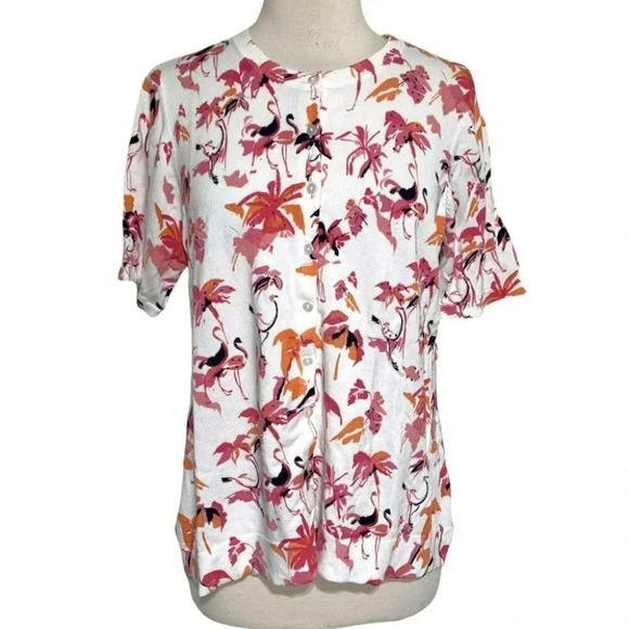 Charter Club woman 1X white short sleeve cardigan w&‎ pink flamingos & sequins - Picture 1 of 6